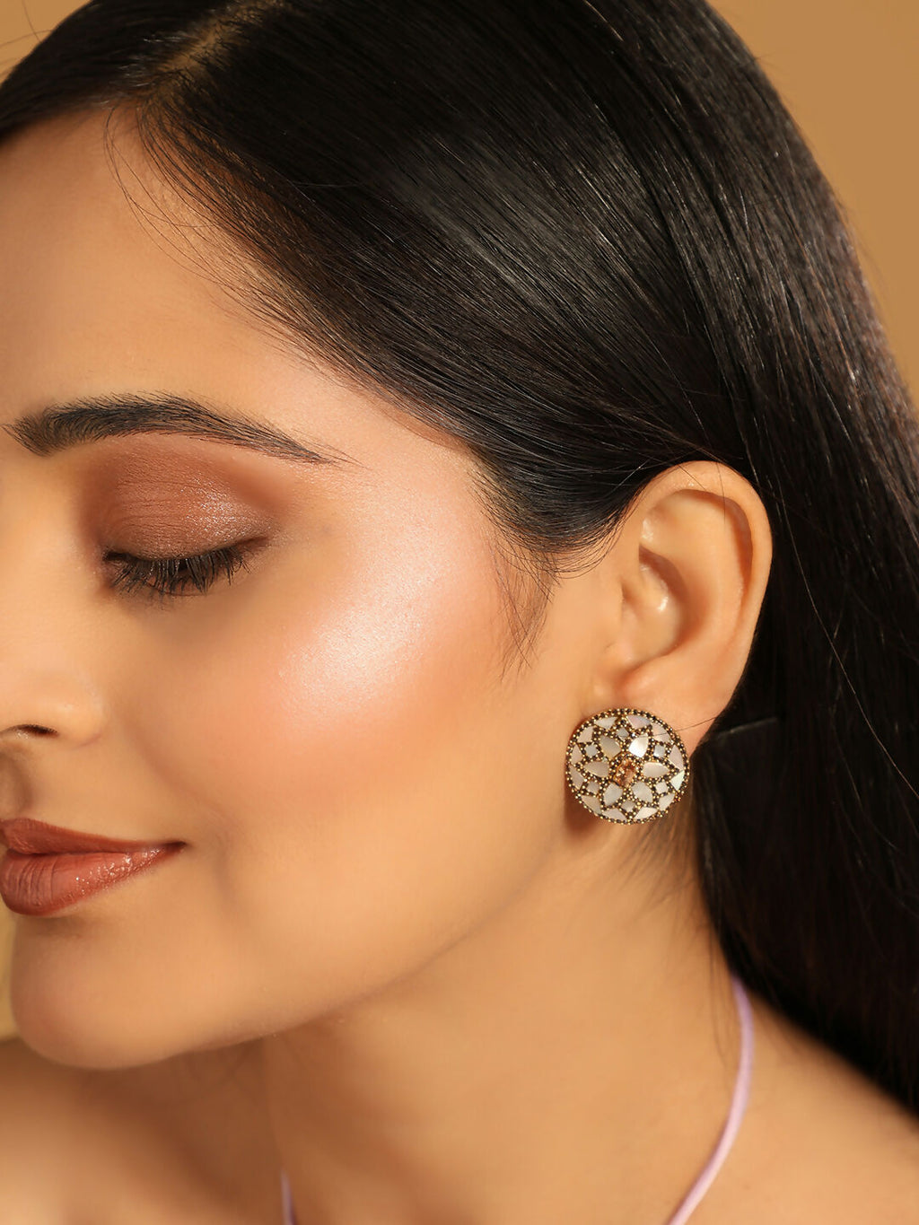 Nuyug 22K Gold Plated Mother of Pearls and Stone Studded Contemporary Floral Shaped Studs - Distacart