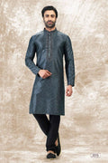 Raivat Ethnic Jacquard Silk Brocade Thread Work Kurta Pajama In Grey Colour