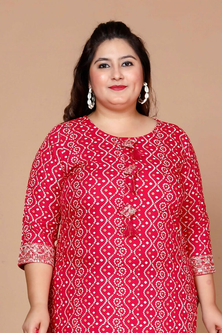 Miravan Women's Plus Size Pink Bandhani Pakistani Straight Kurti