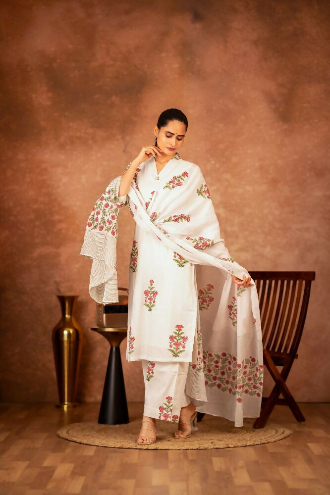 Joban Fashion Off White Pink Hand Block Printed Cotton Suit Set - Distacart