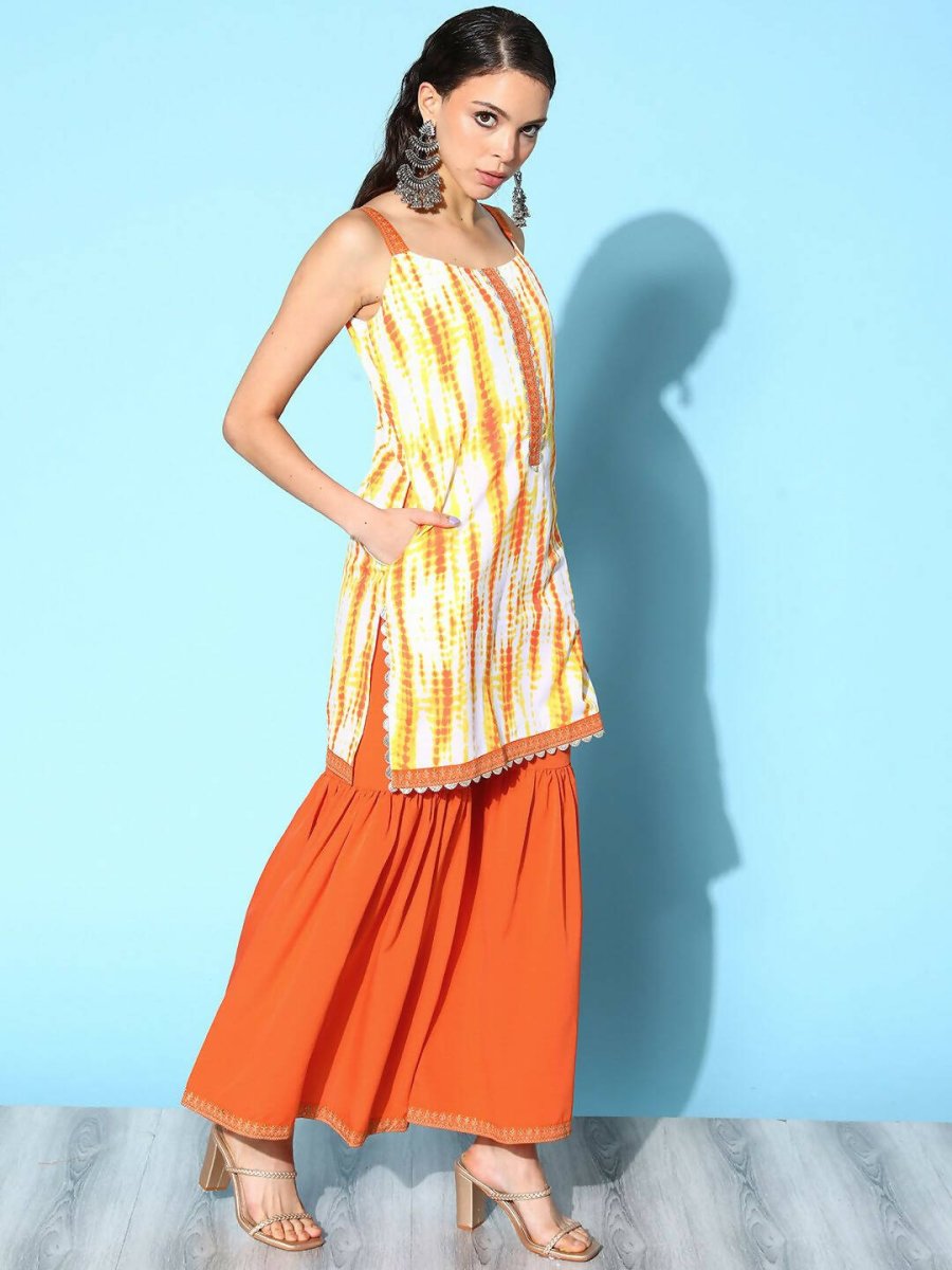 Ahalyaa Women's Orange Crepe Printed Kurta Sharara Set With Dupatta - Distacart