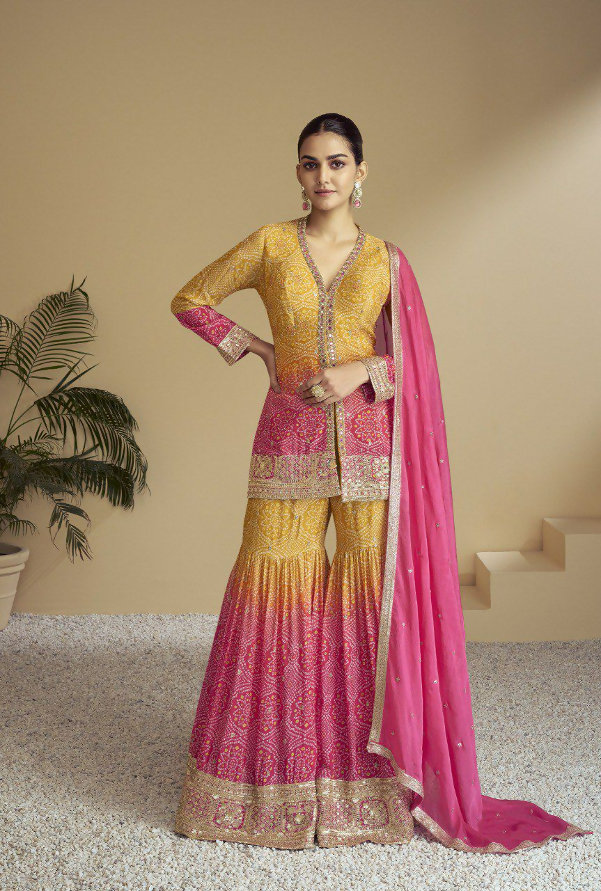 Lorenvalley Fashion Yellow and Pink Chinon Embroidery With Sequince Work Salwar Kameez Stitched