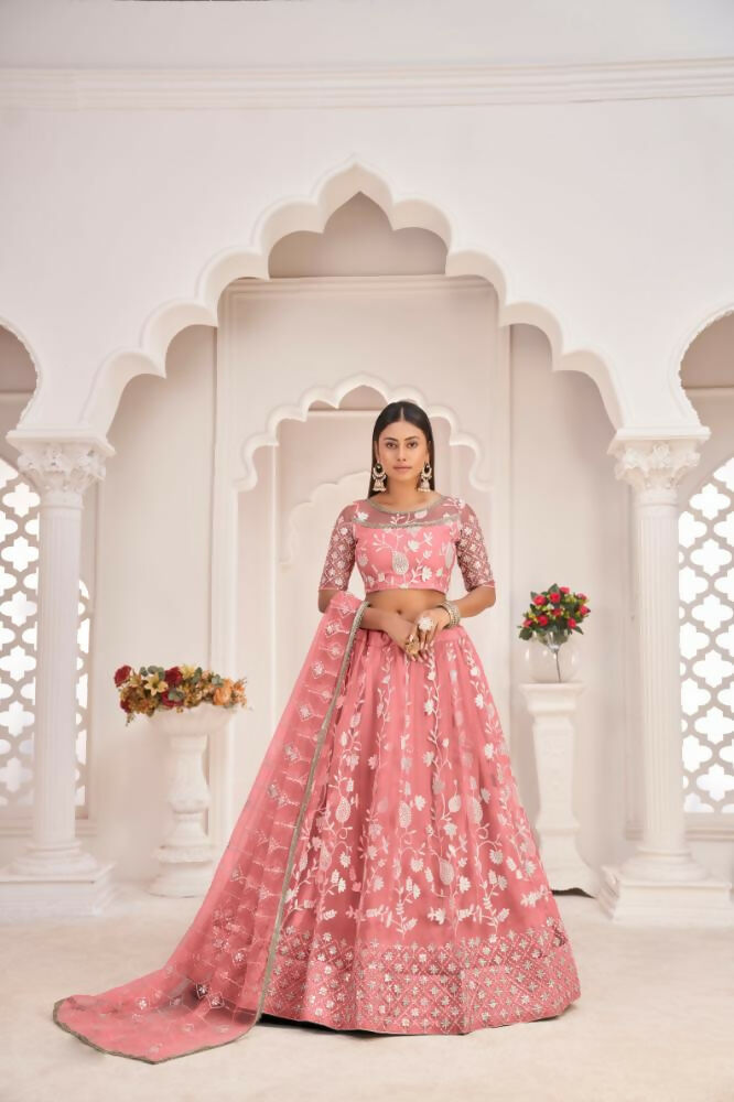 Aastha Fashion Gajari Butterfly Net White Cotton Thread Work, Zari Work And Sandwich Sequence Work Embroidery Wedding Wear Lehenga Choli