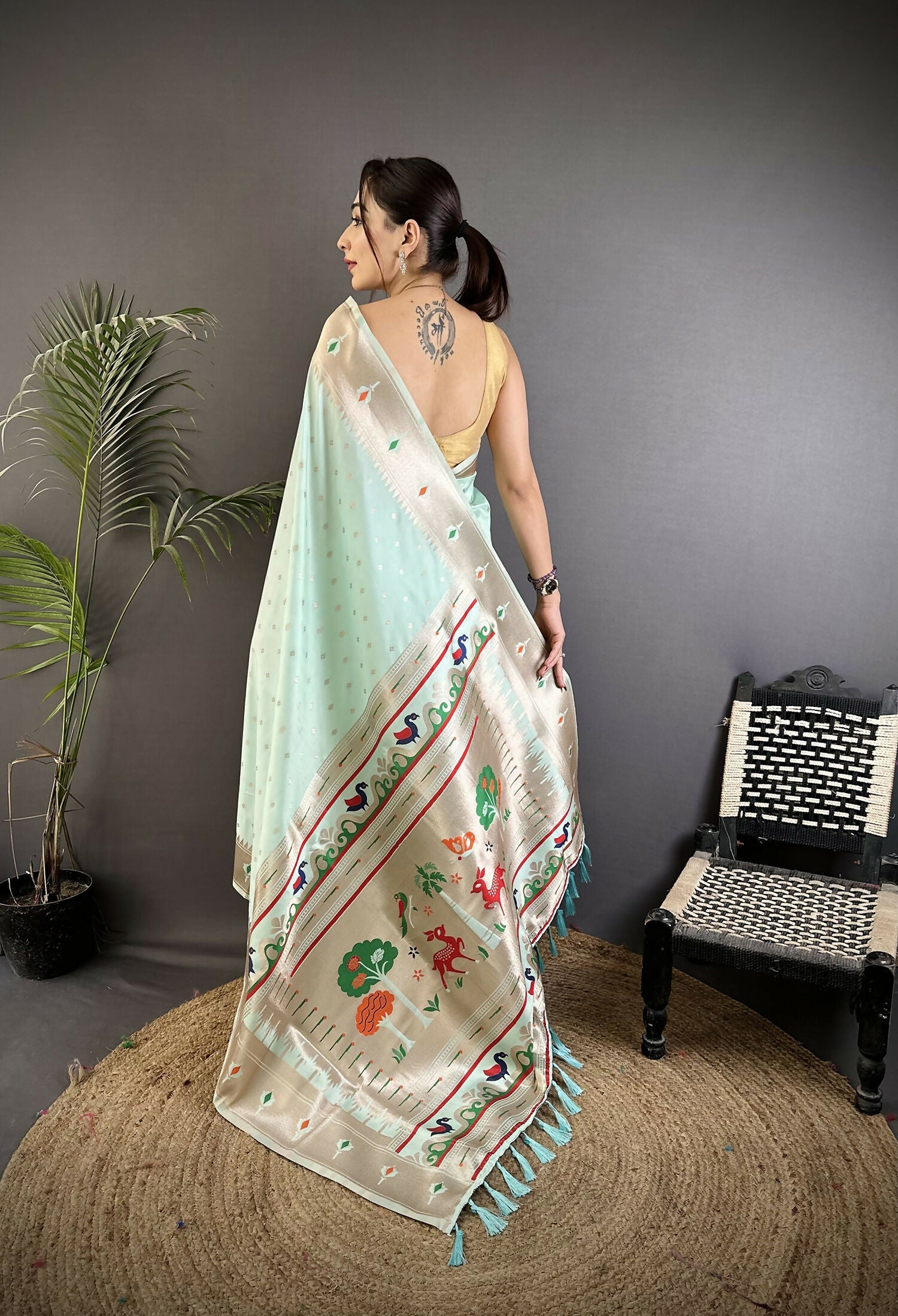 Joban Fashion Sea Green Peacock & Floral Motifs Soft Lichi Silk Kanchipuram Saree - Distacart