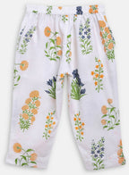 Ahalyaa White Cotton Straight Floral Printed Kids Kurta Pant Sets With Dupatta For Girls