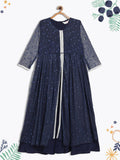 Ahalyaa Navy Blue Net Foil Print Kids Dress For Girls