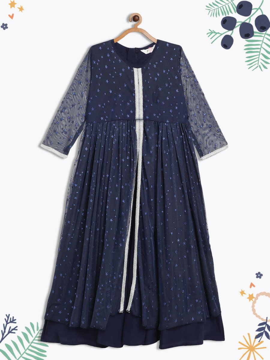 Ahalyaa Navy Blue Net Foil Print Kids Dress For Girls