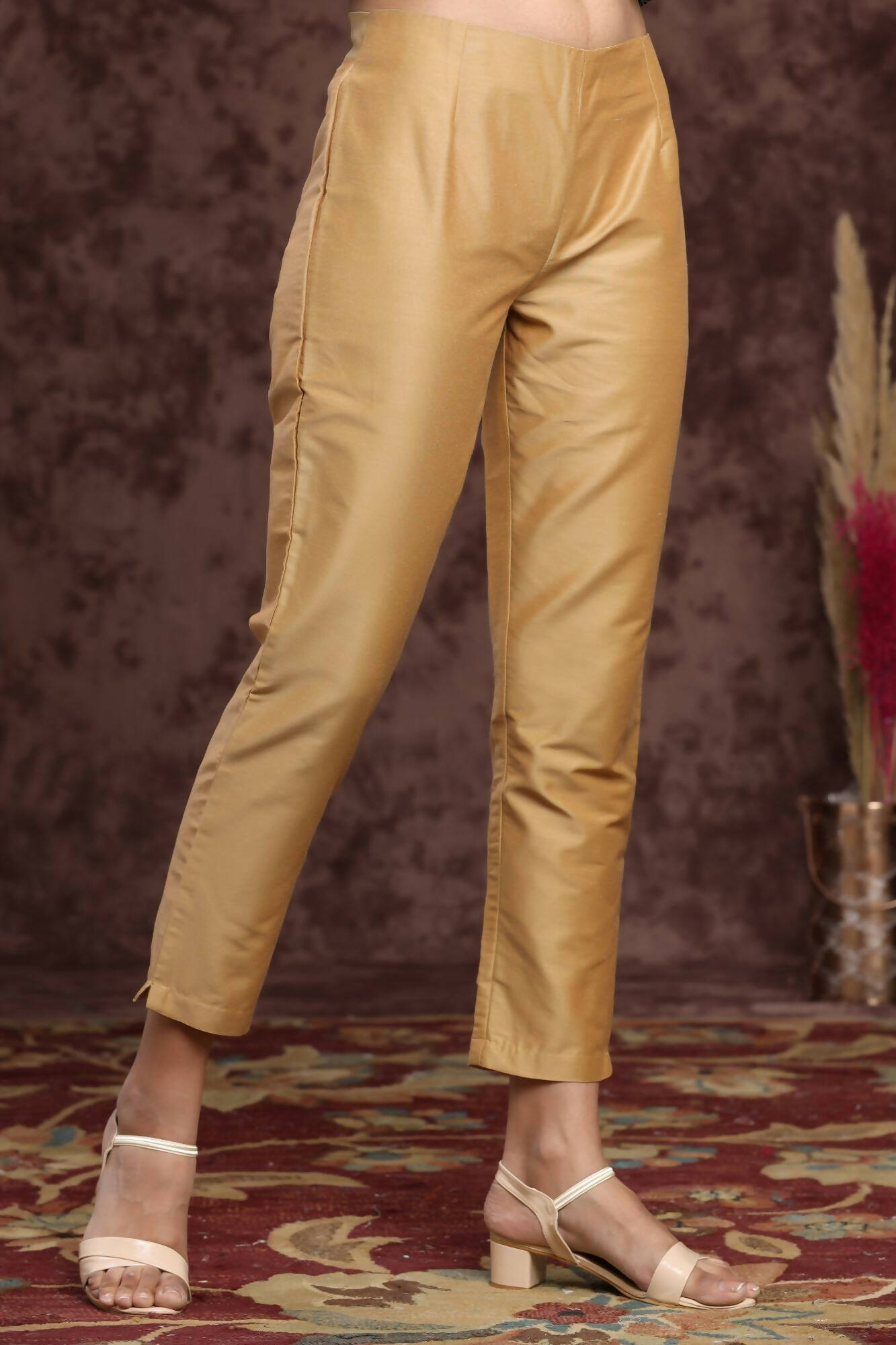 Juniper Women Gold Poly Silk Solid Slim Fit Pant/Slim Pant - Distacart