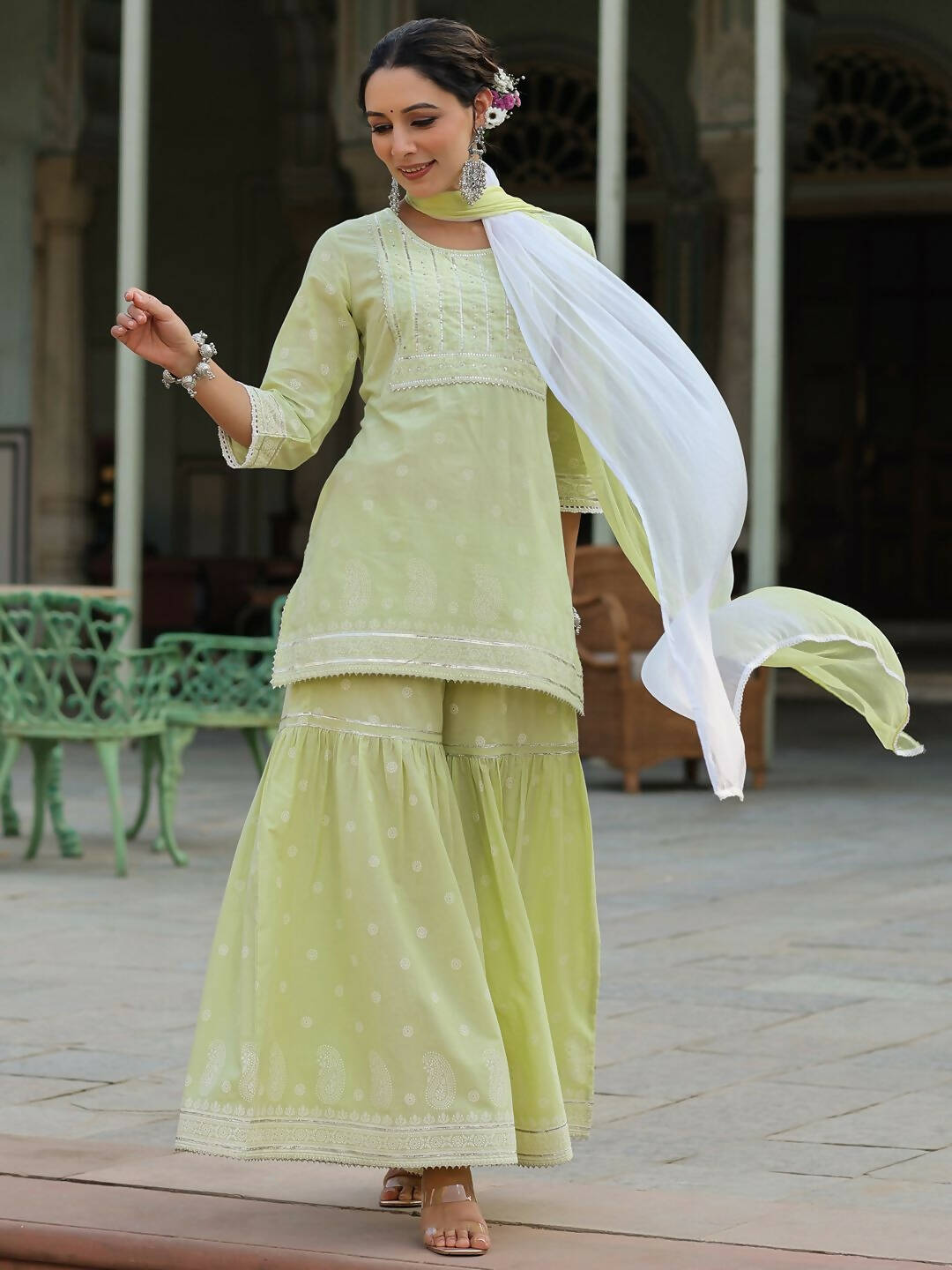 Juniper Women's Lime Green Cambric Floral Print Kurta Sharara Sets - Distacart