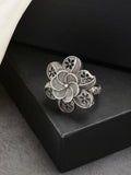 NVR Women's Silver-Toned Floral Shape Adjustable Finger Ring