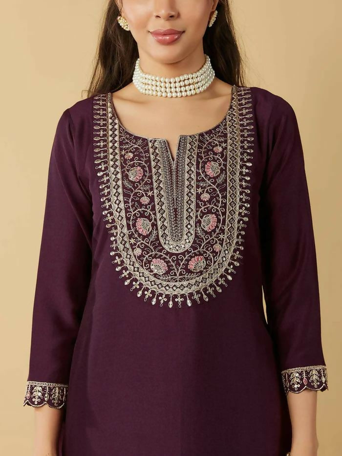The52 Women's Beautiful Chanderi Silk Fabric Embroidery Work Straight Kurta Pant and Dupatta Set - Distacart