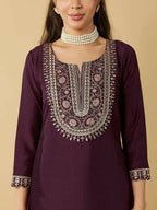 The52 Women's Beautiful Chanderi Silk Fabric Embroidery Work Straight Kurta Pant and Dupatta Set - Distacart