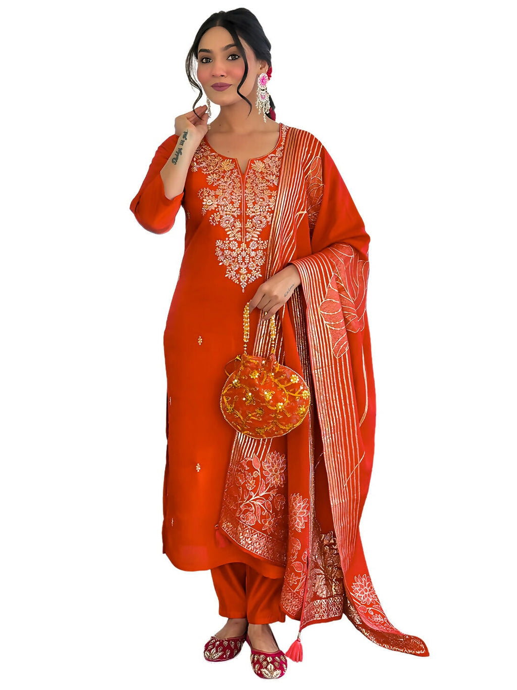 The52 Rust Women's Gorgeous Roman Silk Fabric Straight Kurta, Pant and Dupatta Set - Distacart
