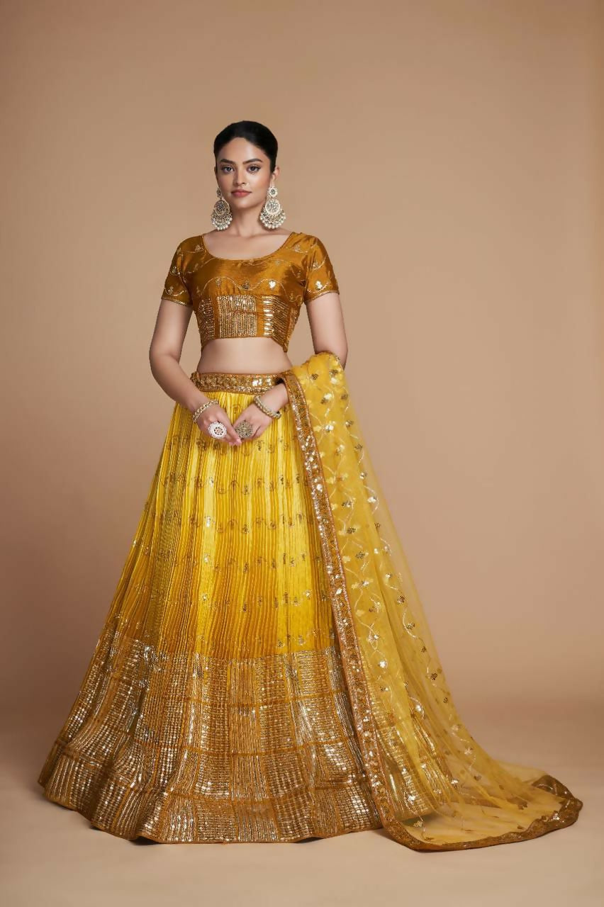 Jyoti Fashion Women's Mustard Heavy Chinon Sequins Embroidered Designer Lehenga Choli Set