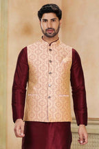 Raivat Ethnic Jacquard Banarasi Silk Woven Work 3 Pics Jacket Set In Beige Maroon Colour - Distacart
