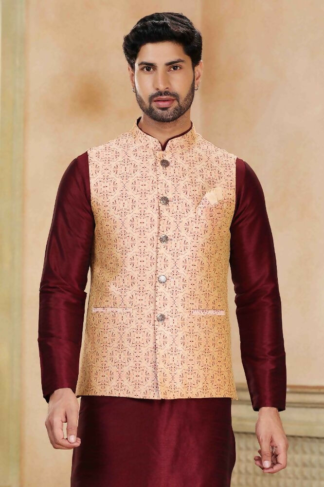 Raivat Ethnic Jacquard Banarasi Silk Woven Work 3 Pics Jacket Set In Beige Maroon Colour - Distacart