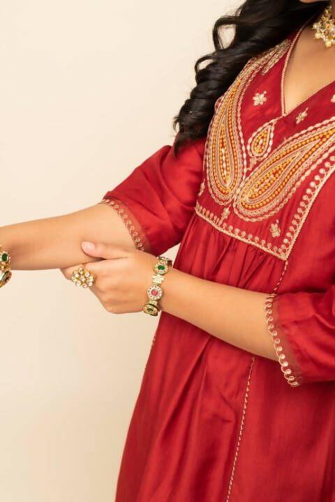 FIORRA Women's Red Silk Blend A-Line Kurta Palazzo Set With Dupatta