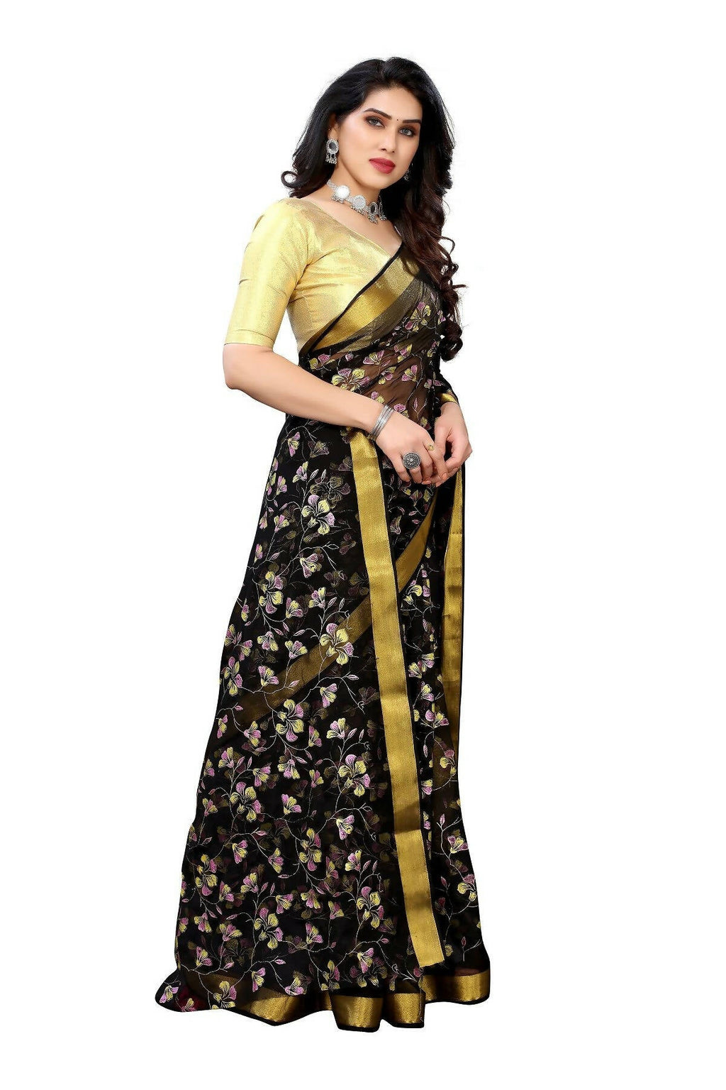 Vamika Black Printed Chiffon Saree (UJALA BLACK) - Distacart