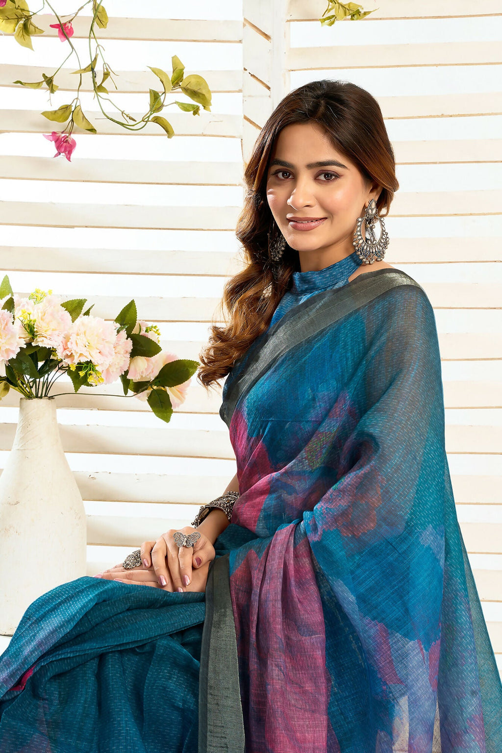 Vastranavya Teal Digital Printed Linen Ready To Wear Designer Saree with Unstitched Blouse - Distacart