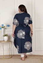 Miravan Womens Plus Size Blue Floral Printed Front Buttoned A-Line Kurta Dress