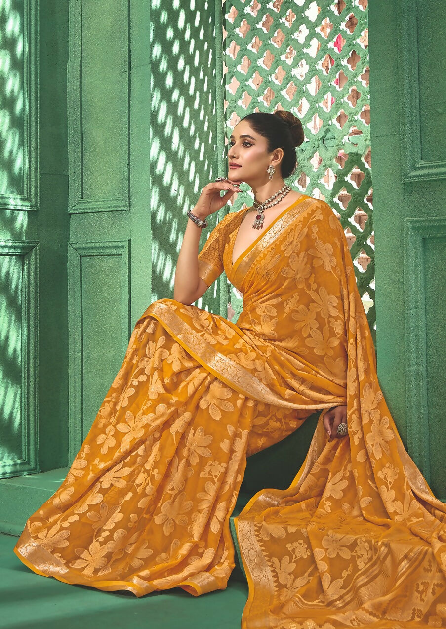 Joban Fashion Yellow Dull Moss Brasso With Kasab Zari Border Saree & Tassels With Brasso Blouse - Distacart