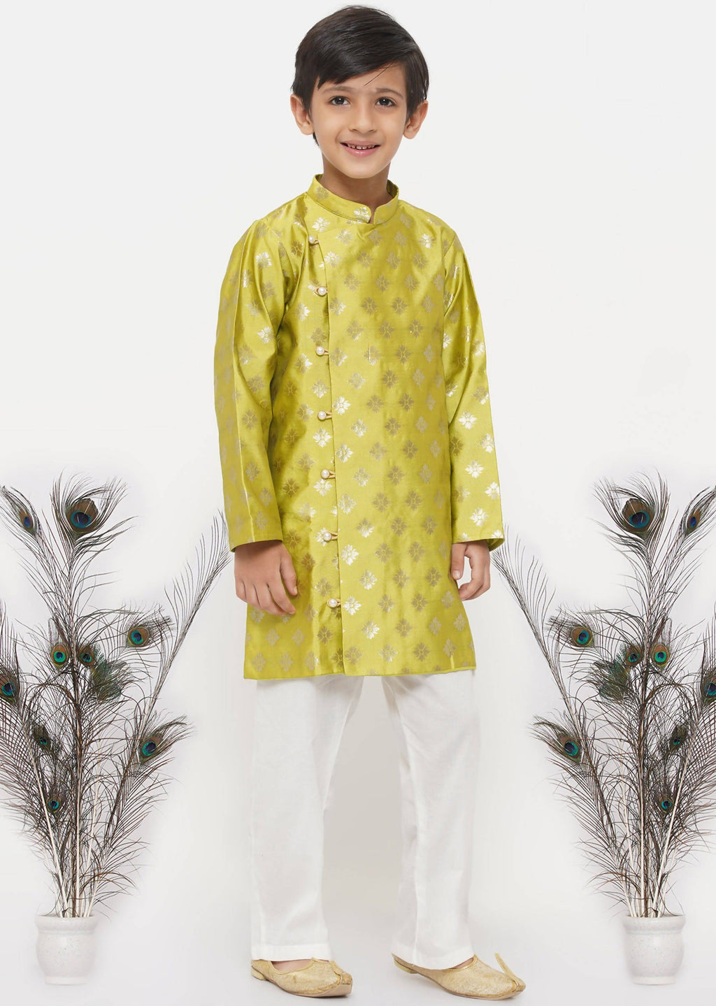 Little Bansi Boys Banarsi Silk Sherwani & Pyjama - Apple Green & Cream