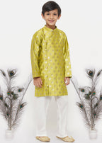 Little Bansi Boys Banarsi Silk Sherwani & Pyjama - Apple Green & Cream