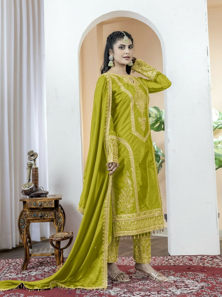 Teeya Creation Pista Green Color Chinnon Silk Embroidery Work Fully Stitched Salwar Suit - Distacart