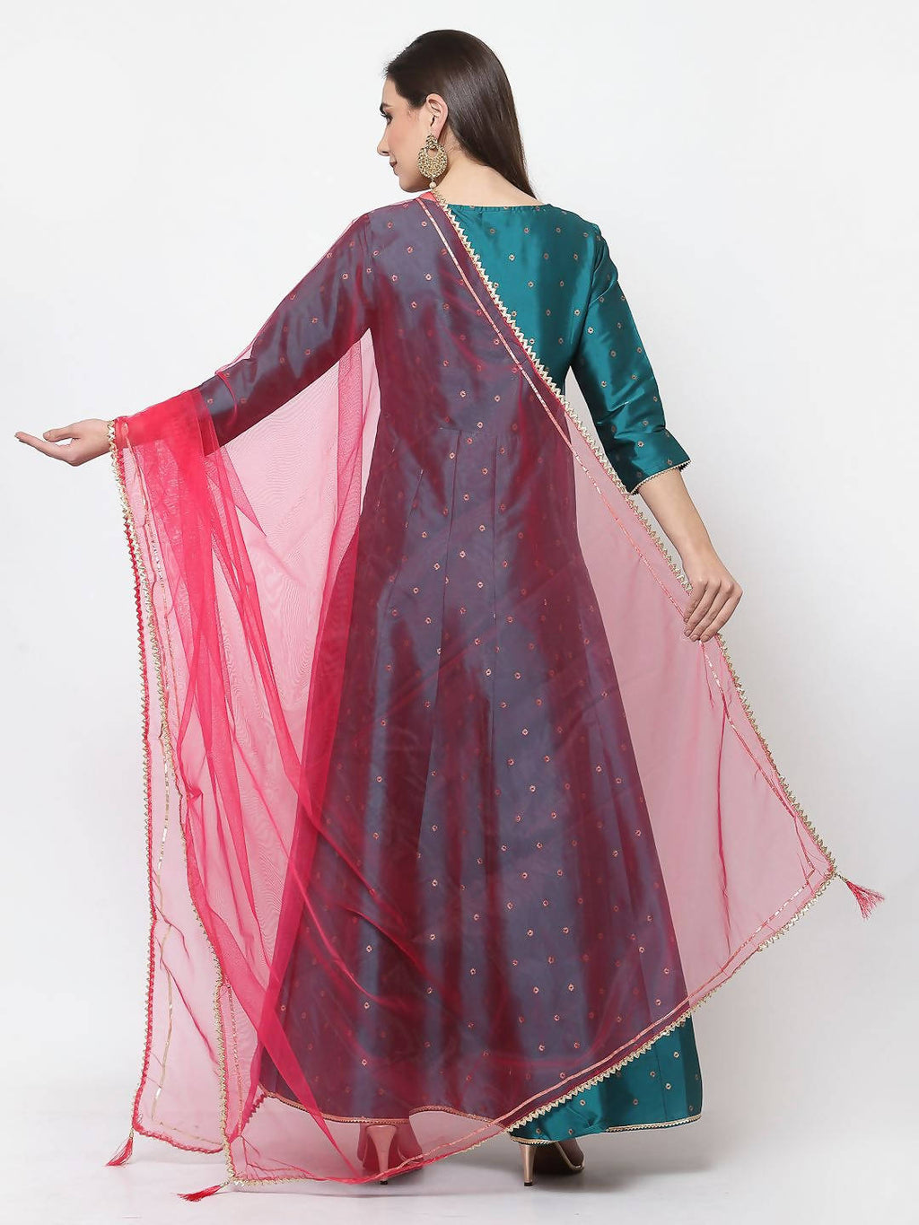 Myshka Green Silk Solid 3/4 Sleeve V Neck Casual Anarkali Kurta Dupatta Set