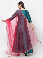 Myshka Green Silk Solid 3/4 Sleeve V Neck Casual Anarkali Kurta Dupatta Set