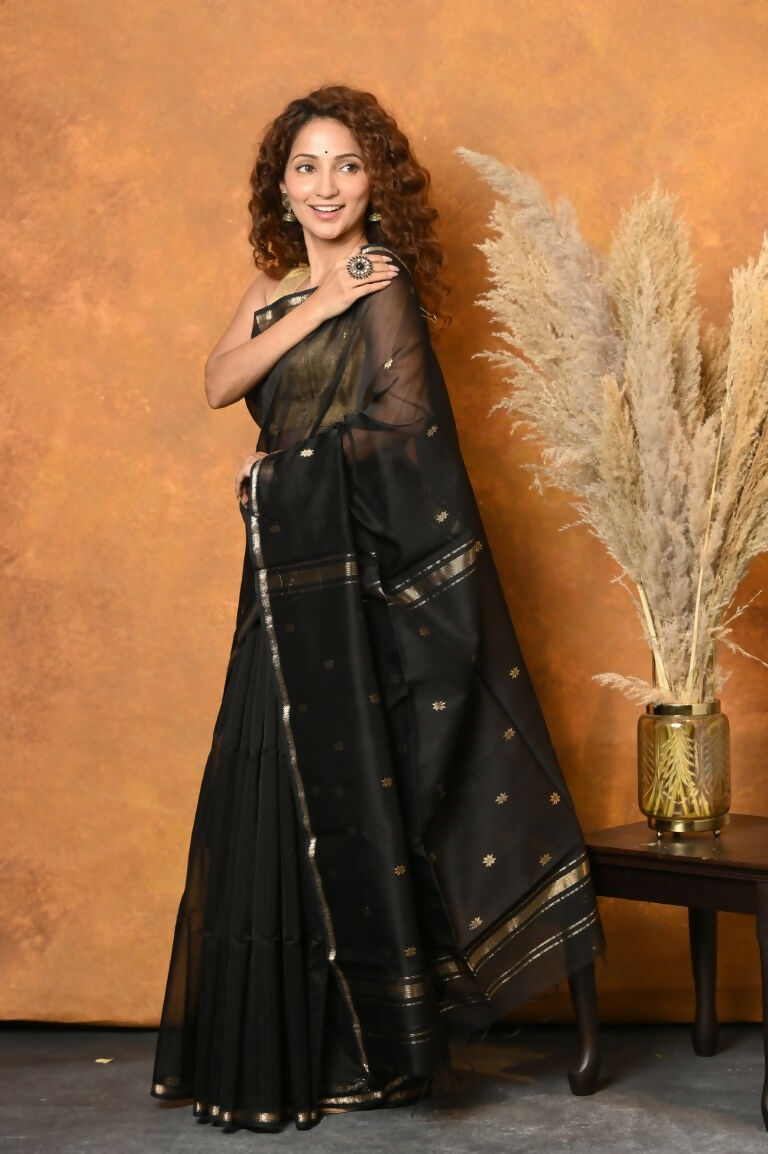 Very Much Indian Handloom Pure Cotton Silk Saree With Sleek Golden Border - Black
