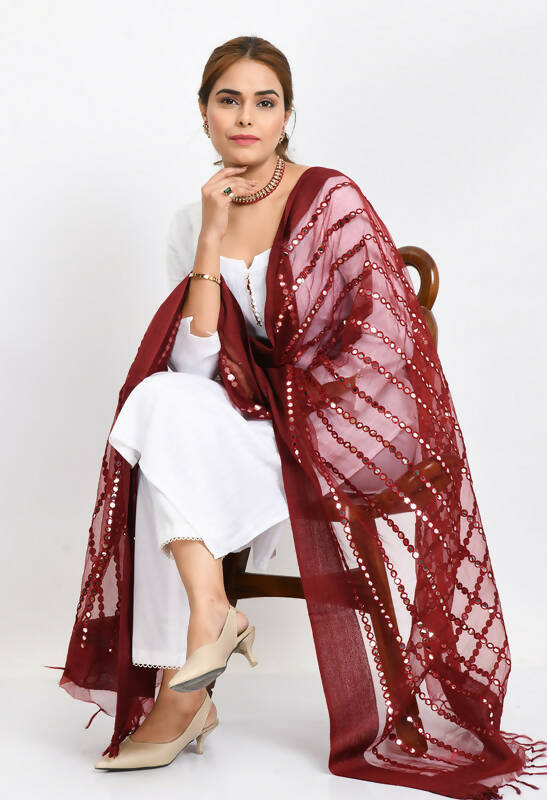 Mominos Fashion Moeza Women's Orgenza Mirror Stripe Thread Work Maroon Dupatta - Distacart