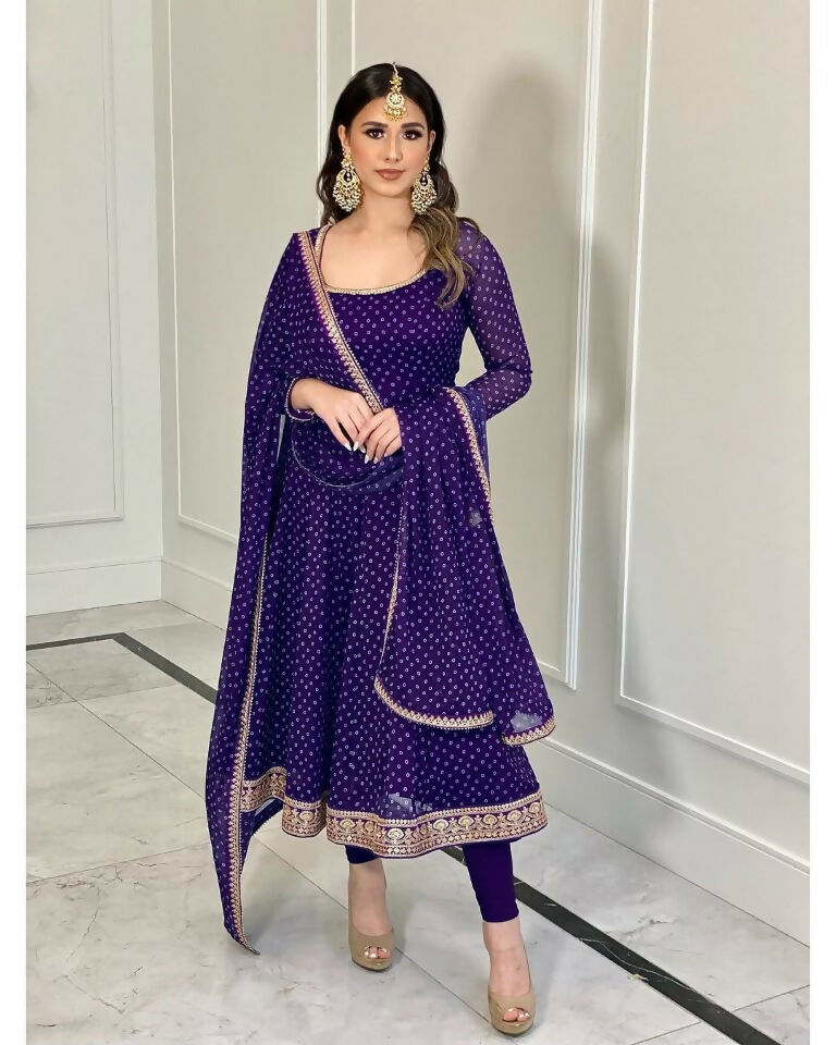 Teeya Creation Purple Color Bandhani Print With Embroidery Work Functional Wear Gown - Distacart