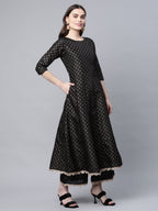 Ahalyaa Women Black Poly Silk Gold Printed Anarkali Kurta Palazzo Set With Dupatta - Distacart