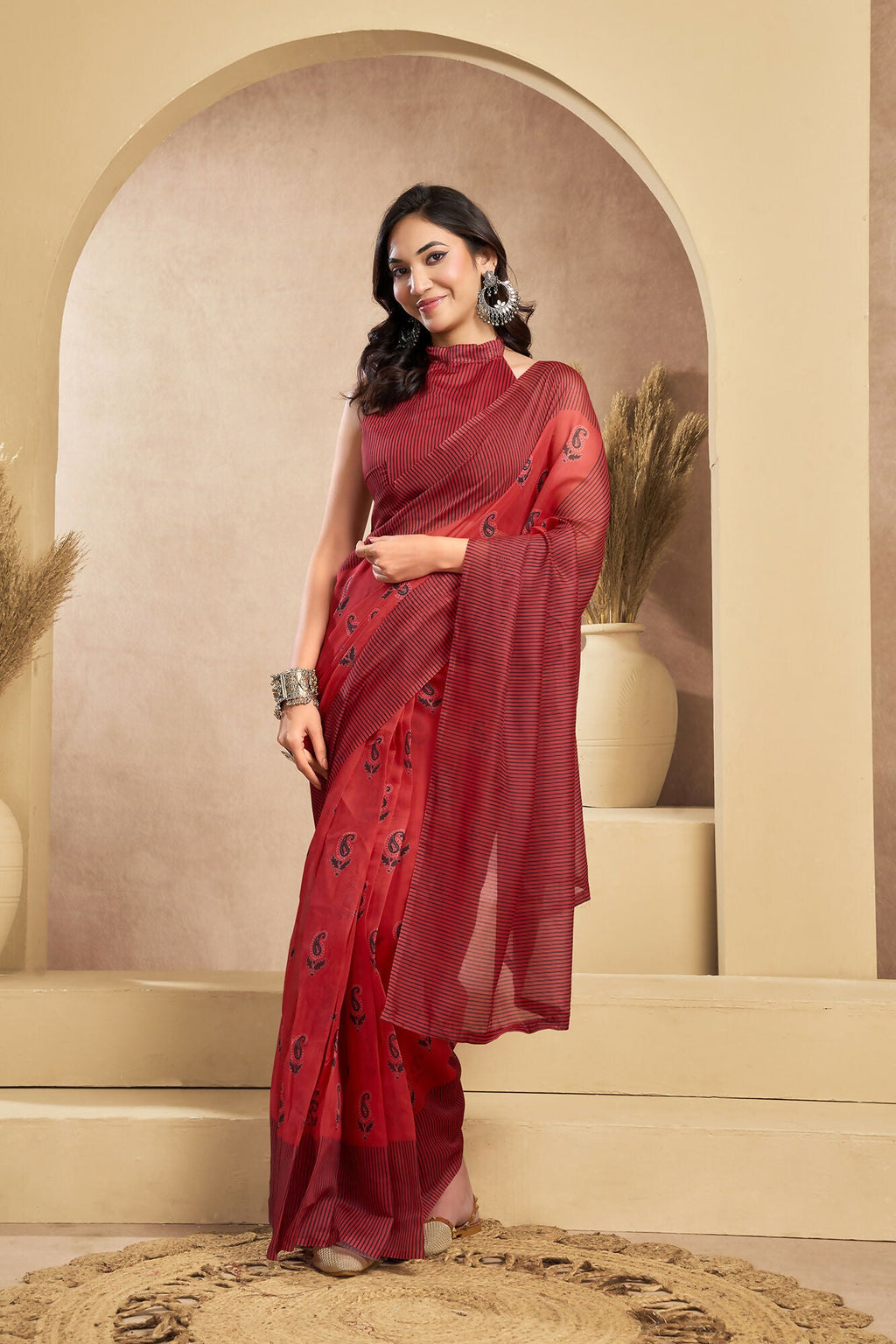 Vastranavya Rust Digital Printed Linen Ready To Wear Designer Saree with Unstitched Blouse - Distacart