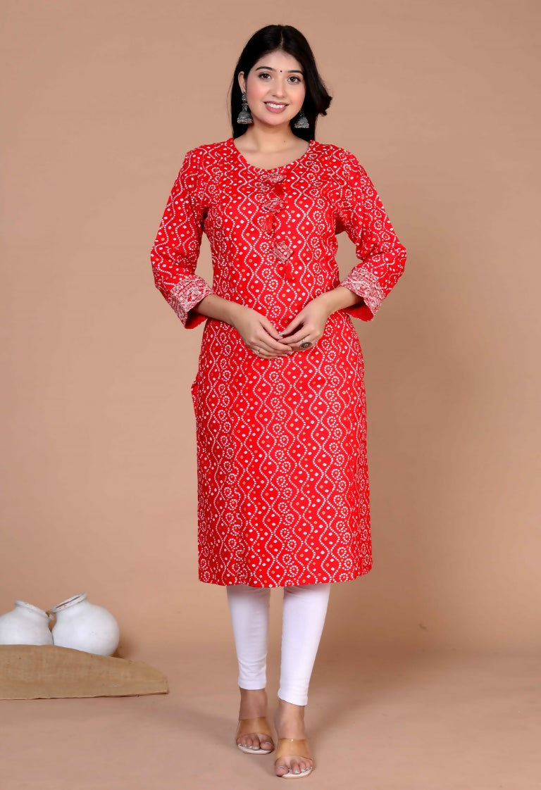 Miravan Women's Festive Wear Red Bandhani Printed Straight Kurta