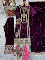 Teeya Creation Purple Color Velvet Fabric Designer Embroidery Work Suit - Distacart