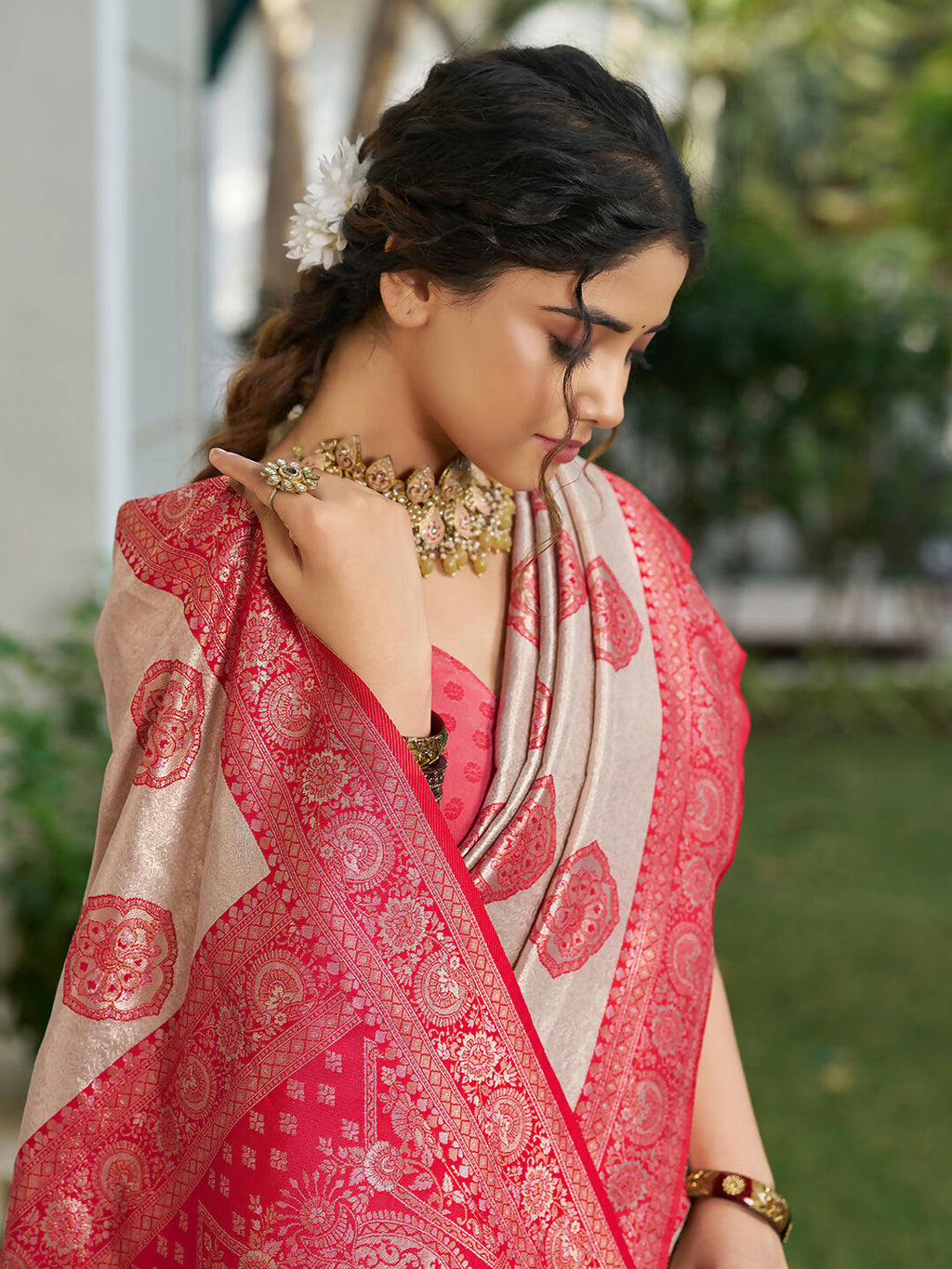 Shree Shyam Fashion Cream With Red Silk Blend Saree - Distacart
