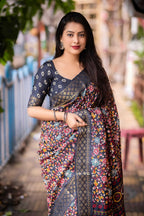 Grey Slub Silk Printed Saree with Unstitched Blouse - Hiral Fashion