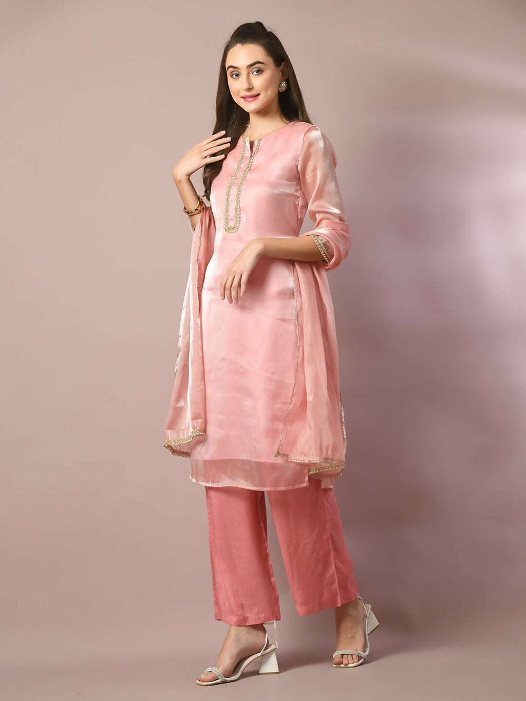 Myshka Women's Pink Solid Straight Party Kurta Set With Dupatta