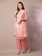 Myshka Women's Pink Solid Straight Party Kurta Set With Dupatta
