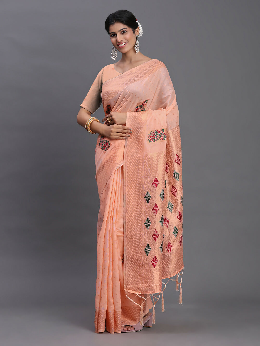 Shree Shyam Fashion Linen Cotton Peach Saree - Distacart