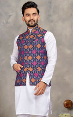 Anaita Navy Cotton Straight Kurta Pajama & Koti With Jequard Work