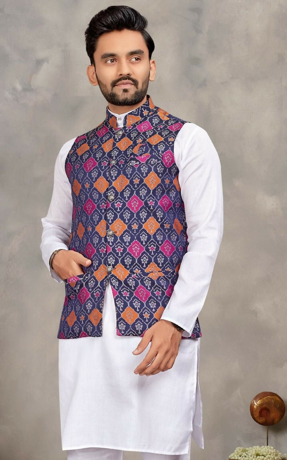 Anaita Navy Cotton Straight Kurta Pajama & Koti With Jequard Work
