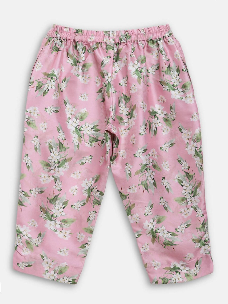 Ahalyaa Pink Poly Silk Solid Kids Kurta with Printed Pant Set For Girls