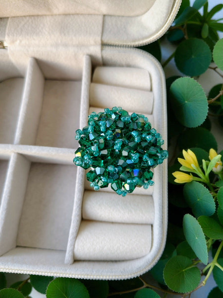 Inhanns Rang-E-Roshan Adjustable Ring – Handmade Crystal Statement Ring - Sea Green