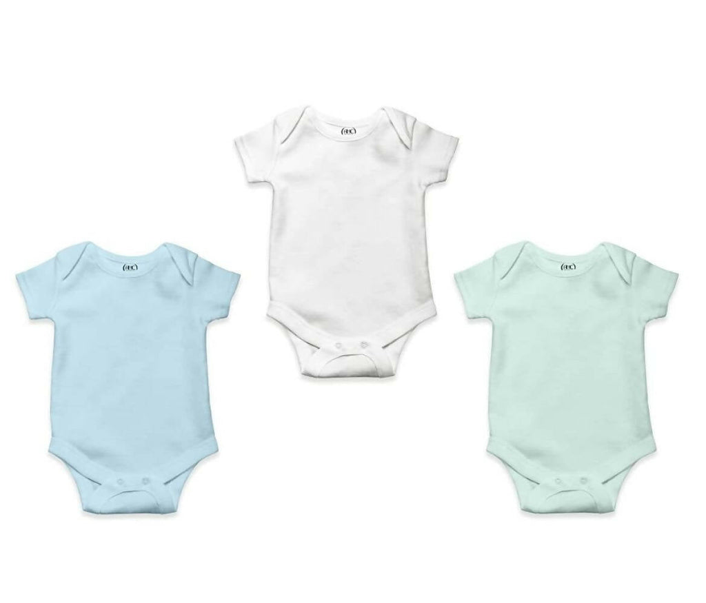 AHC Soft Cotton Short-Sleeve Bodysuits Solid Onesies New Born Infant Dress - Blue/Grey/Green