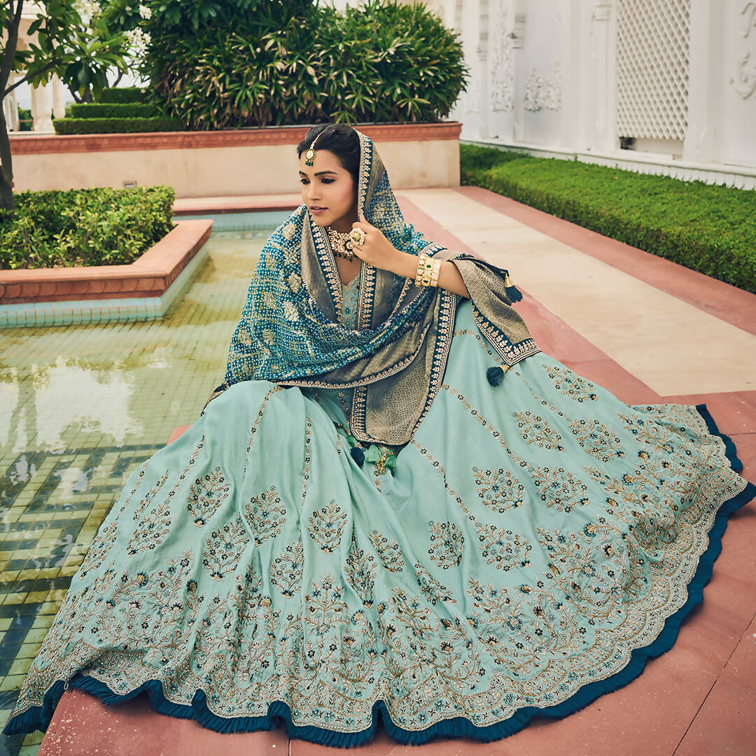 Sky Blue Heavy Viscose Khatli, Embroidery & Mirror Work Unstitched Lehenga Choli - Sisha Keshav