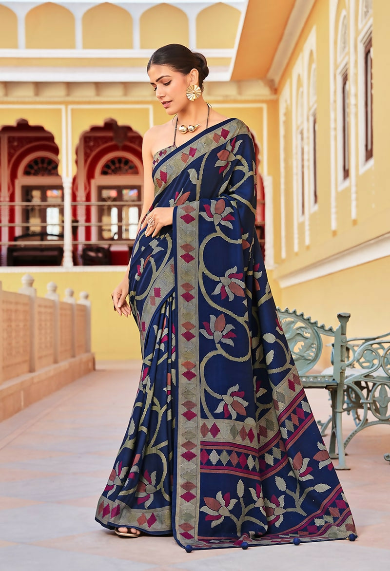 Monjolika Fashion Silk Blend Navy Blue Printed Saree - Distacart