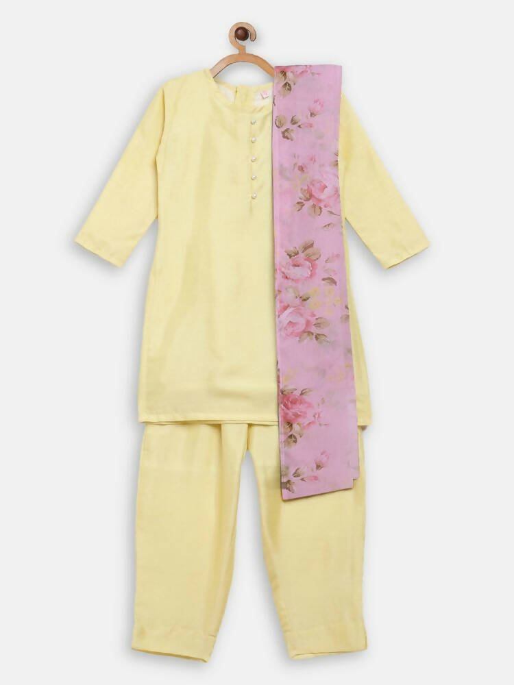 Ahalyaa Yellow Poly Silk Kids Kurta Pant With Dupatta For Girls